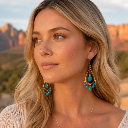 A woman wearing gold dangle earrings with turquoise blue beads, photographed outdoors against a warm desert landscape at sunset.