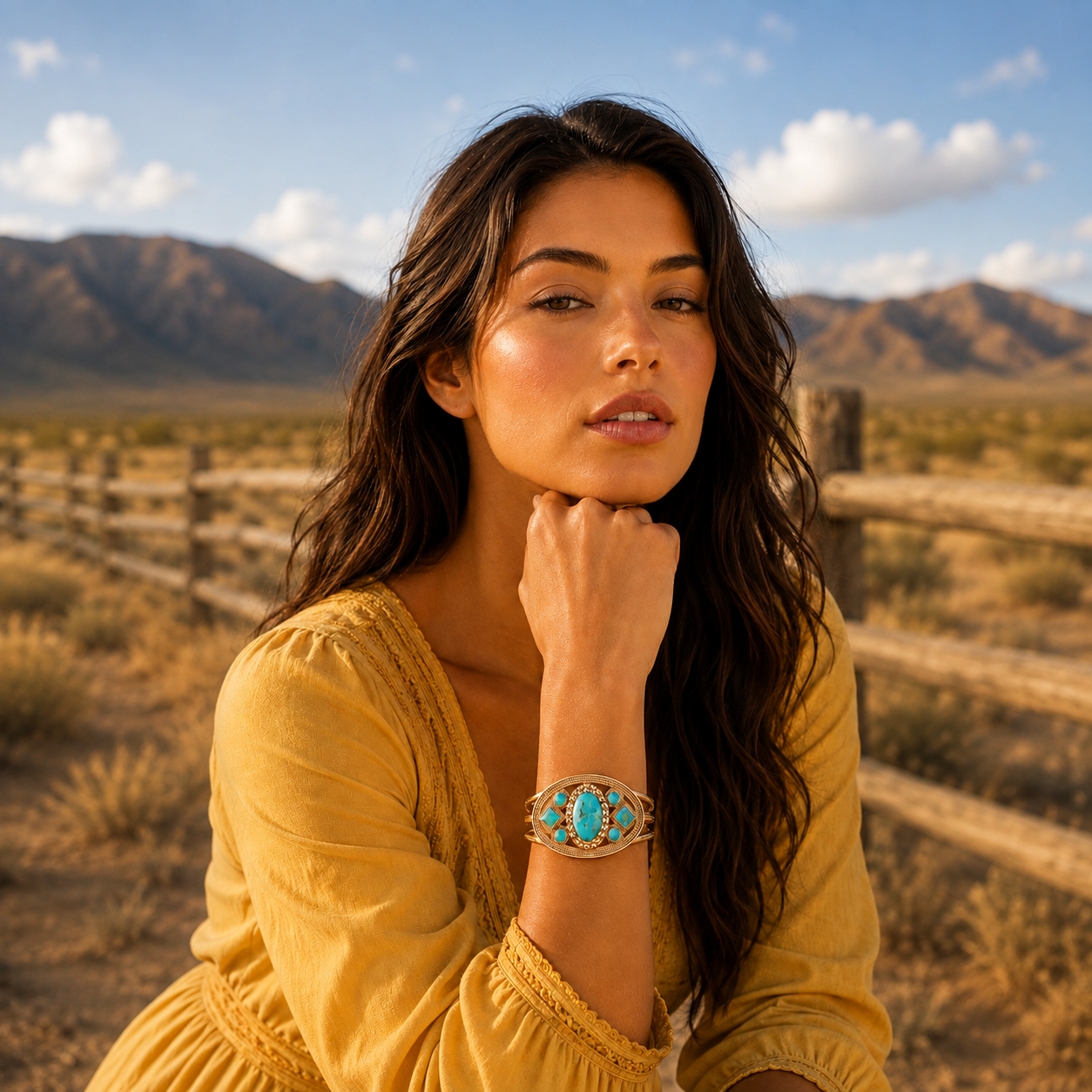 Desert Legacy Blue Turquoise Golden Statement Cuff Bracelet