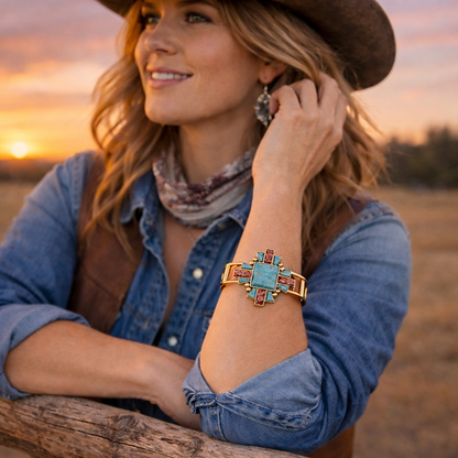 Santa Fe Blue Turquoise Golden Statement Cuff Bracelet