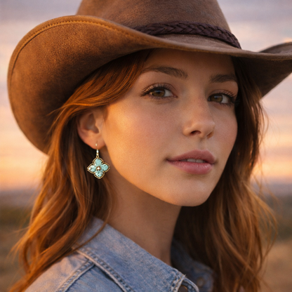 Woman wearing a cowboy hat with a blurred natural background