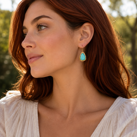 A close-up lifestyle shot of a woman with red hair wearing a gold teardrop earring with a turquoise blue stone, set against a soft-focus outdoor background.