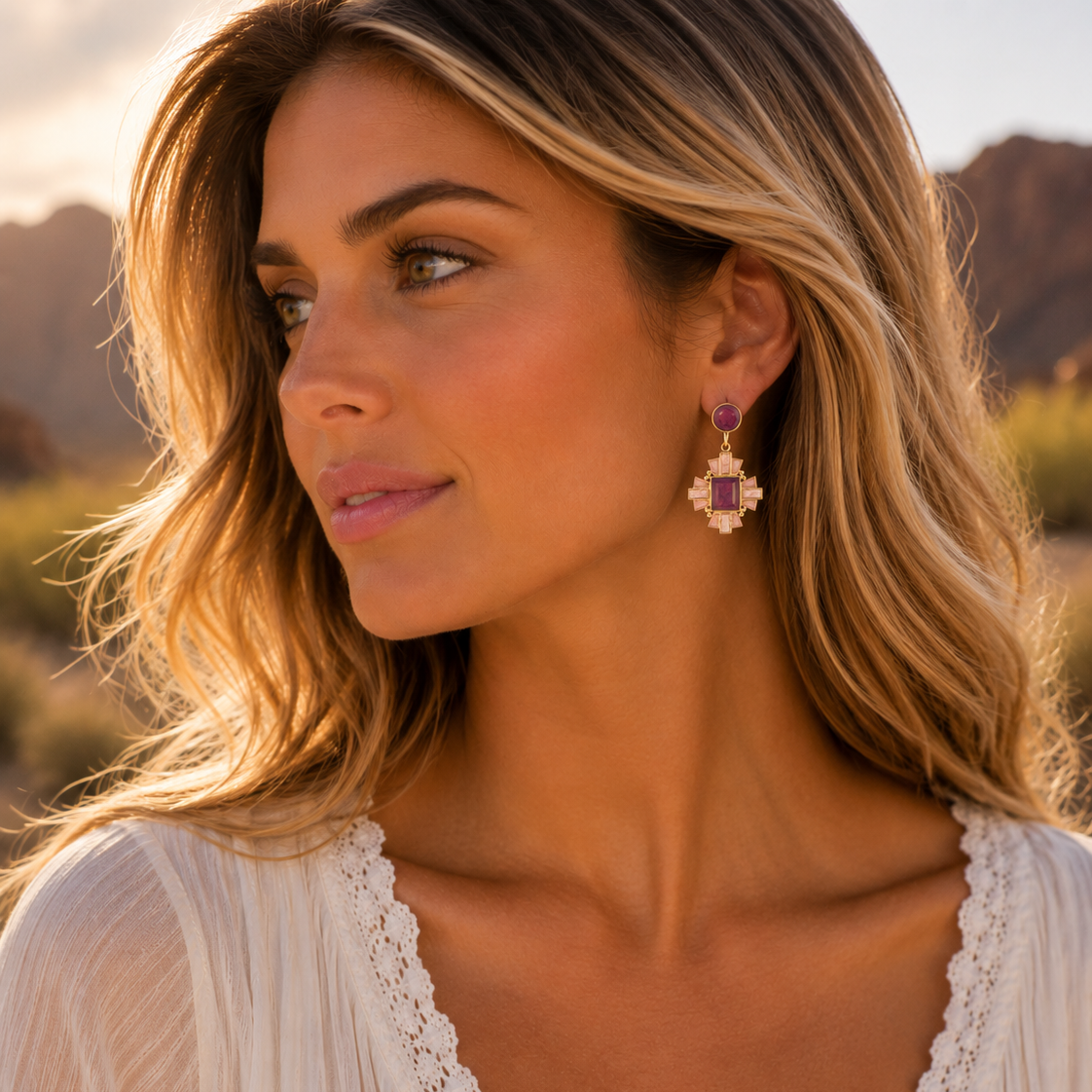 A woman in a white lace-trim top wearing a dangling cross-shaped earring with a purple stone and gold-toned details, photographed outdoors in warm golden hour light.
