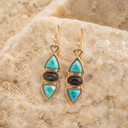 Blue Turquoise and Grey Labradorite Golden Drop Earrings