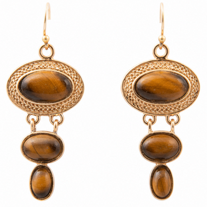 Brown Tiger's Eye Ovation Golden Drop Earrings