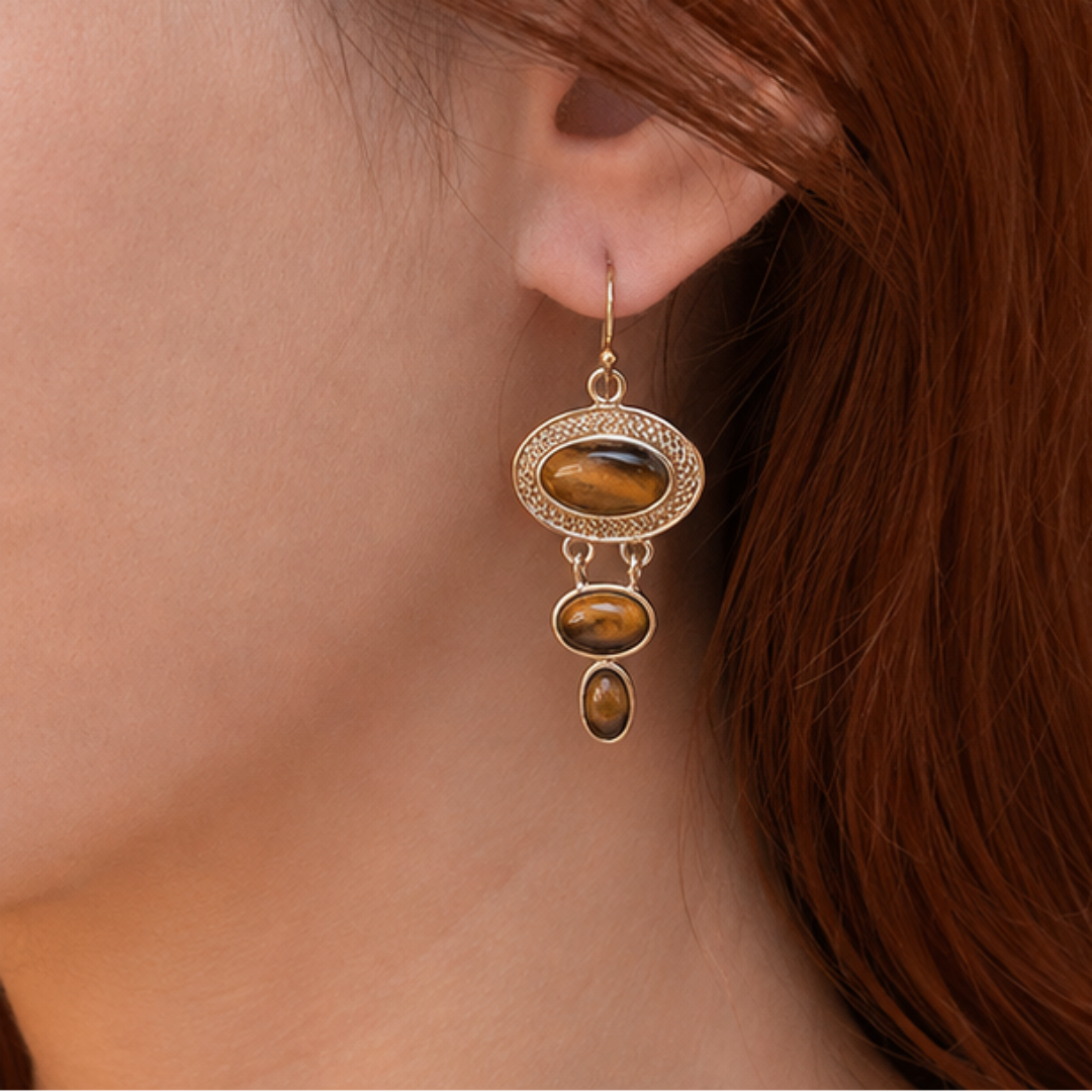 Brown Tiger's Eye Ovation Golden Drop Earrings