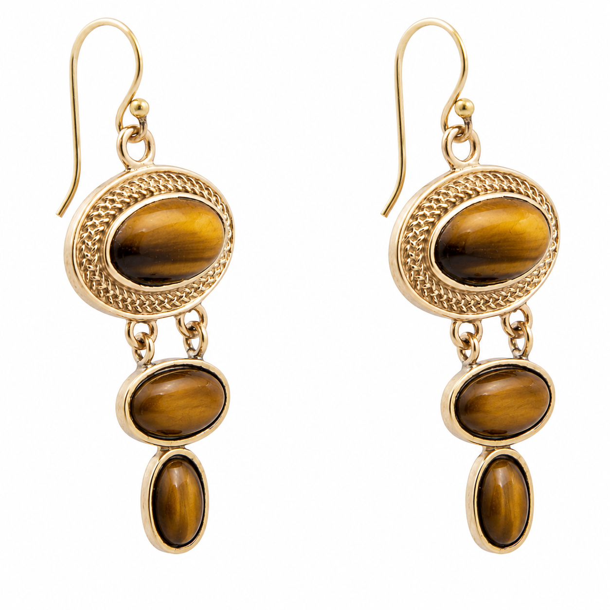 Brown Tiger's Eye Ovation Golden Drop Earrings