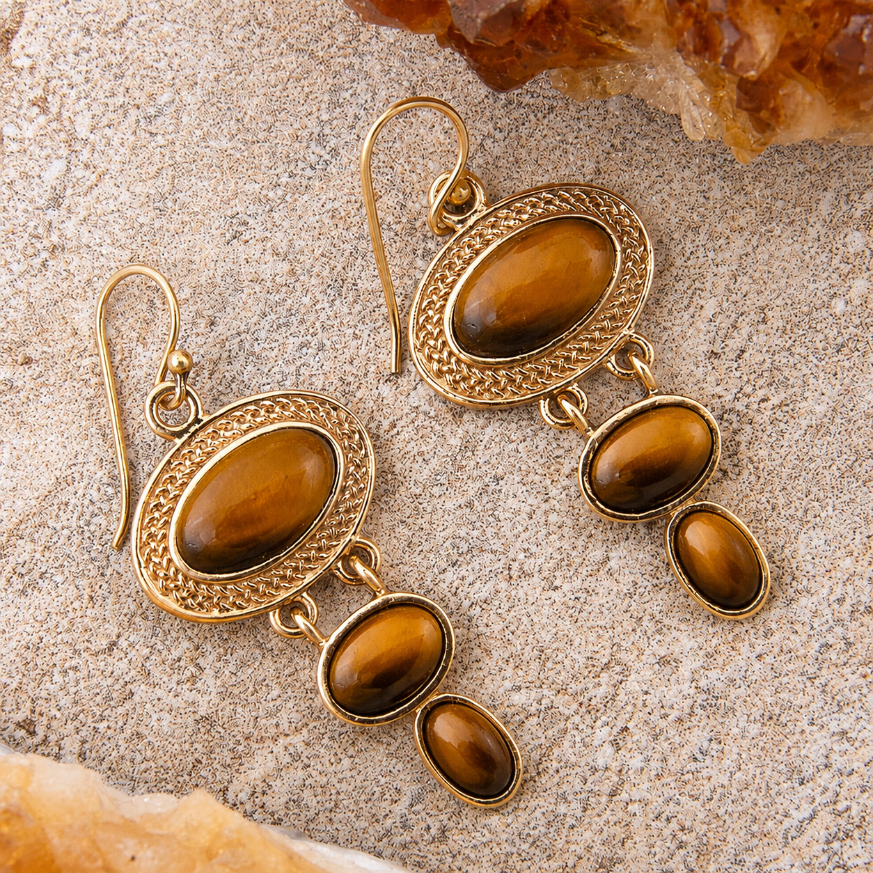 Brown Tiger's Eye Ovation Golden Drop Earrings