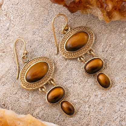 Brown Tiger's Eye Ovation Golden Drop Earrings