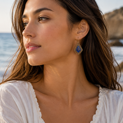 Dimond Blue Lapis Golden Drop Earrings