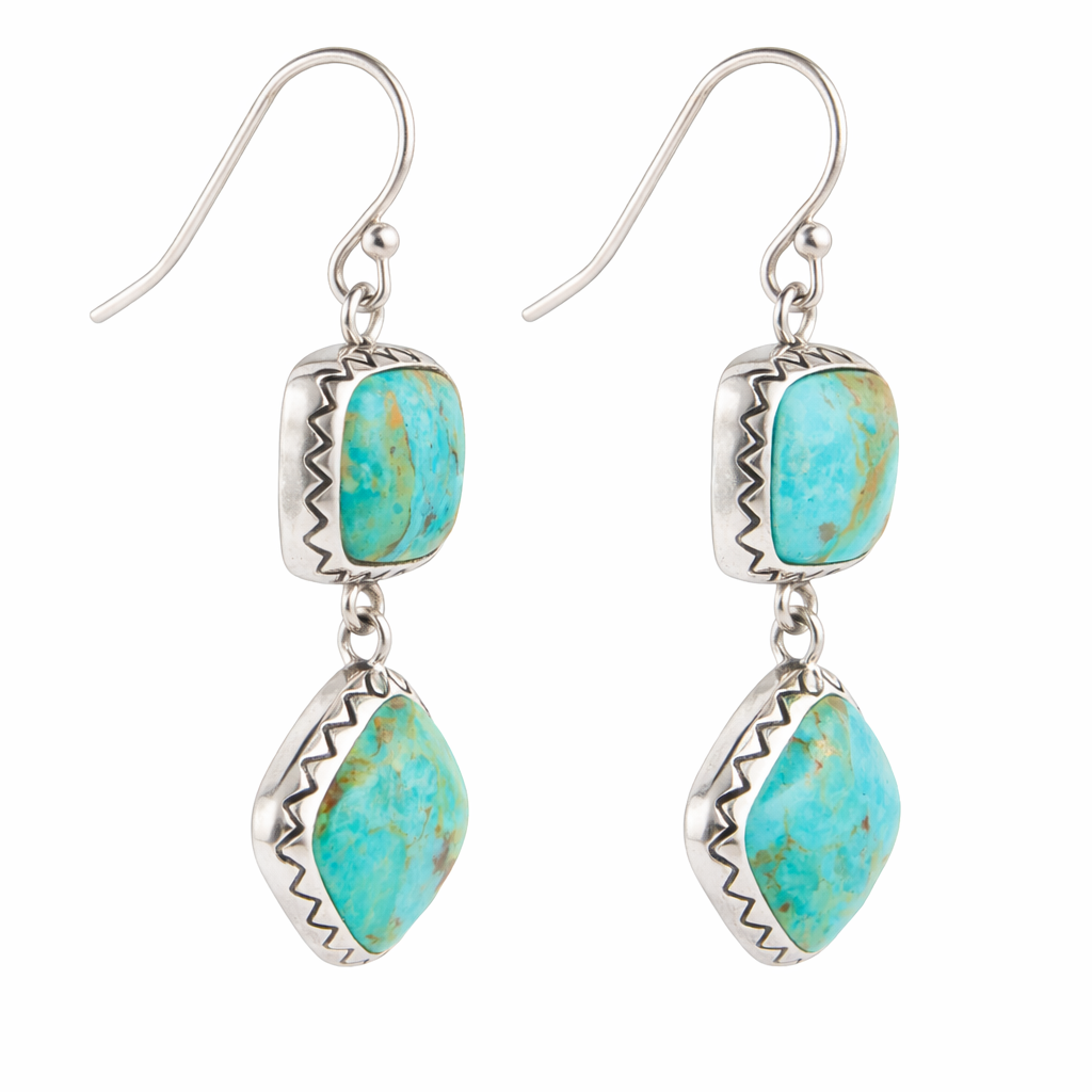 Turquoise stone earrings with silver hooks on a white background