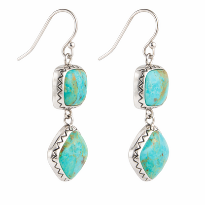 Turquoise stone earrings with silver hooks on a white background