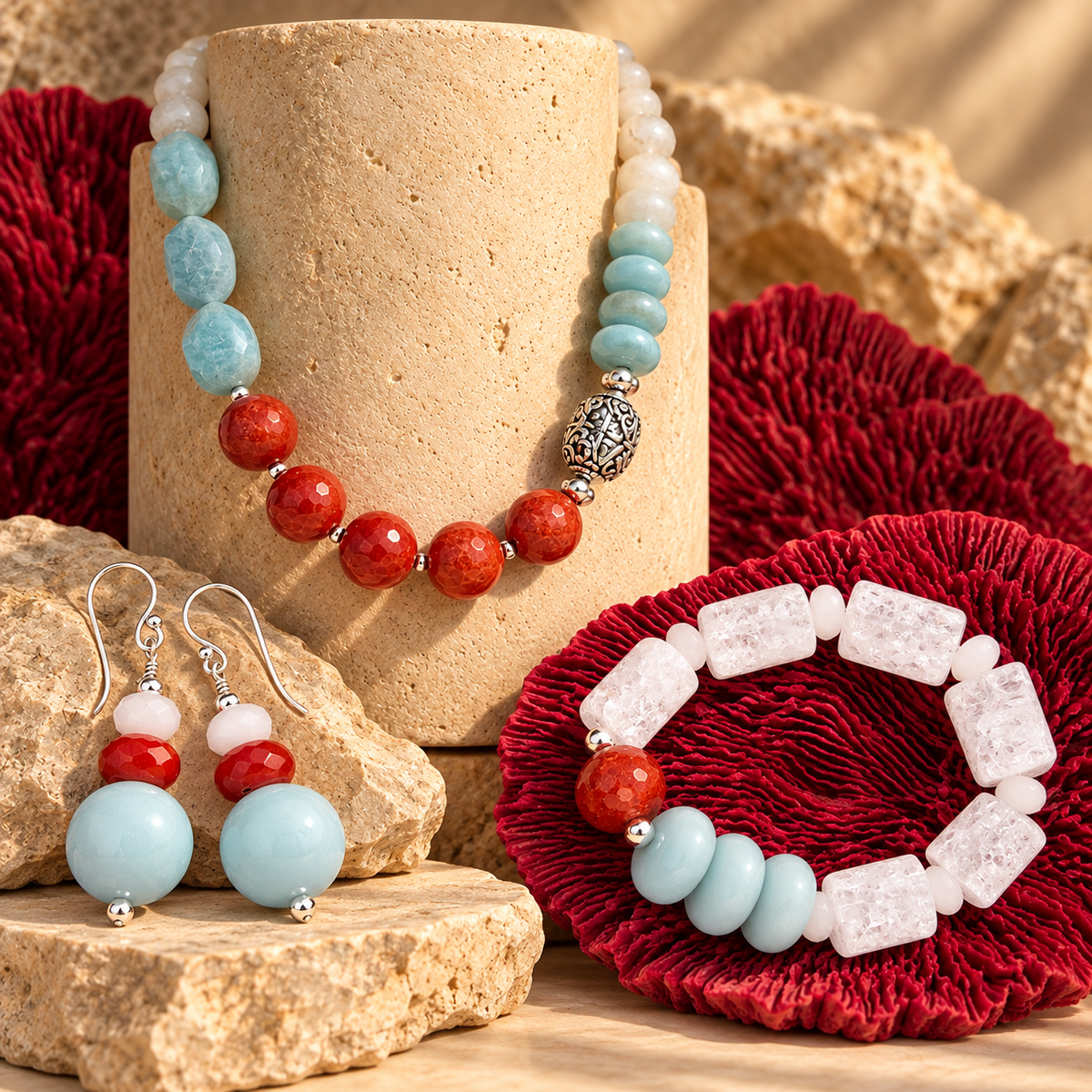 A jewelry set displayed on a wooden surface with decorative props, including a beaded necklace, matching drop earrings, and a beaded bracelet. The jewelry features light blue, coral red, and white beads with a silver-toned textured accent.