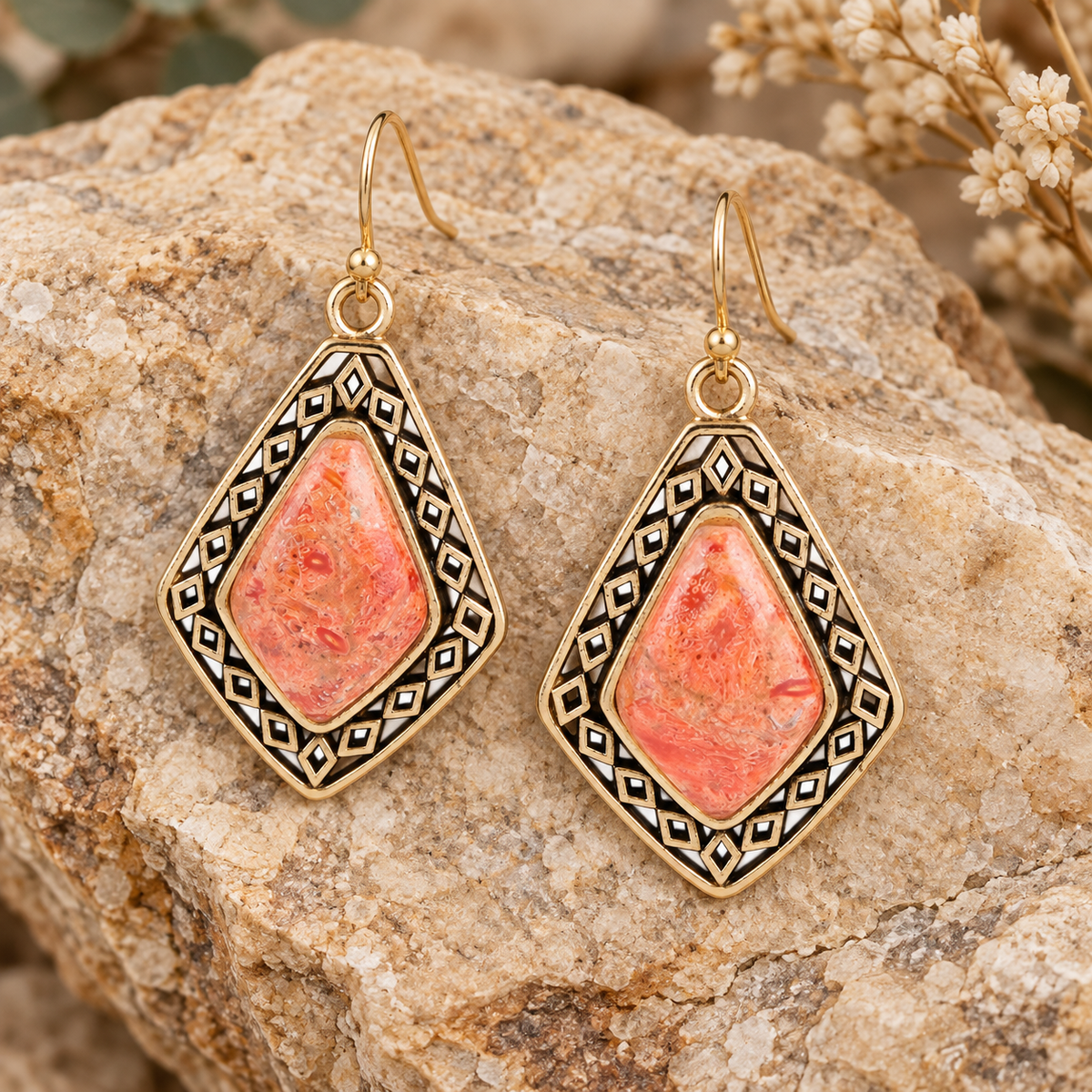 Diamond Black Onyx Stone Golden Drop Earrings
