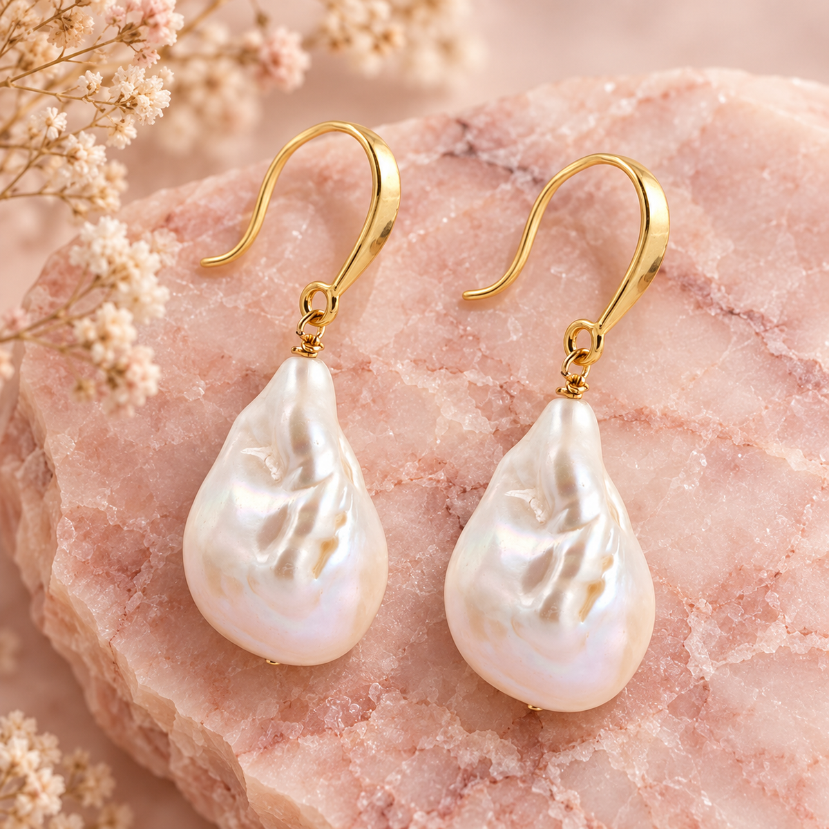 White Pearl Golden Drop Earrings