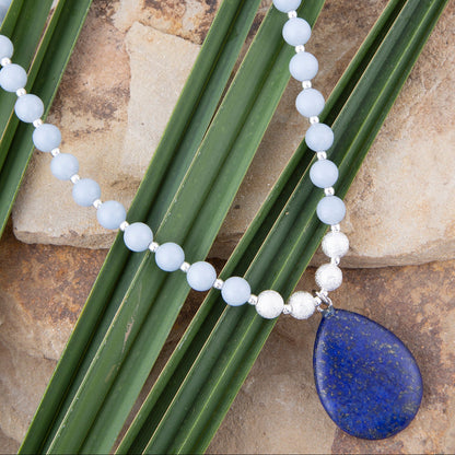 Denim Blue Angelite and Lapis Pendant Silver Necklace