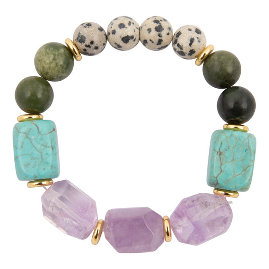 A beaded stretch bracelet featuring light blue turquoise rectangular beads, faceted purple amethyst beads, dark green and black round beads, and speckled beige and white dogtooth beads, separated by small gold spacer rings, on a solid white background.