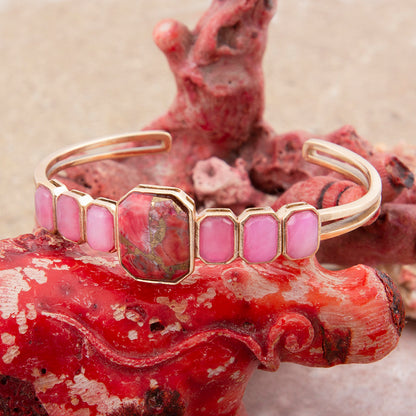 Dual Red Magnesite and Pink Quartz Golden Cuff Bracelet