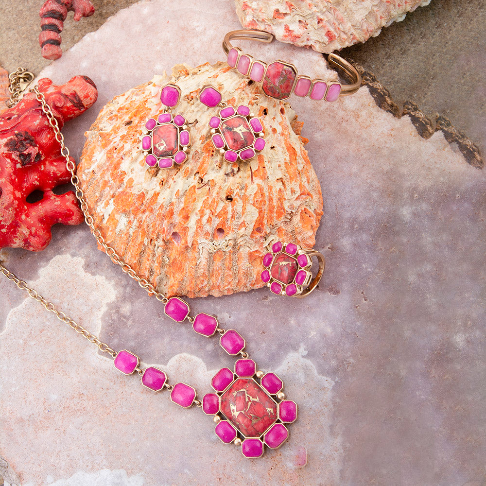 Dual Red Magnesite and Pink Quartz Golden Cuff Bracelet