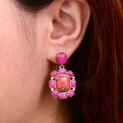 Dual Red Magnesite and Pink Quartz Golden Post Drop Earrings