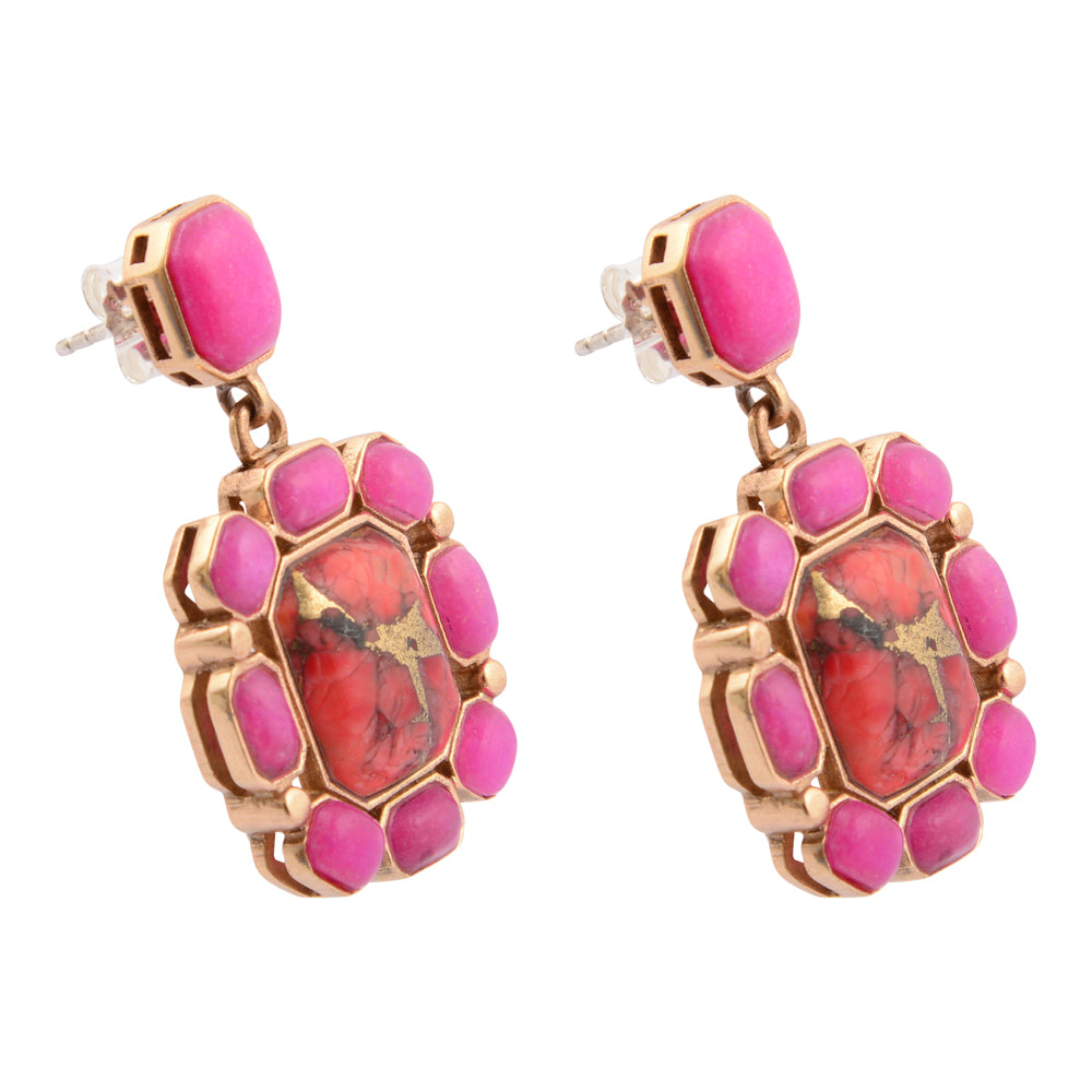 Dual Red Magnesite and Pink Quartz Golden Post Drop Earrings