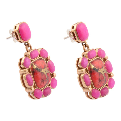 Dual Red Magnesite and Pink Quartz Golden Post Drop Earrings