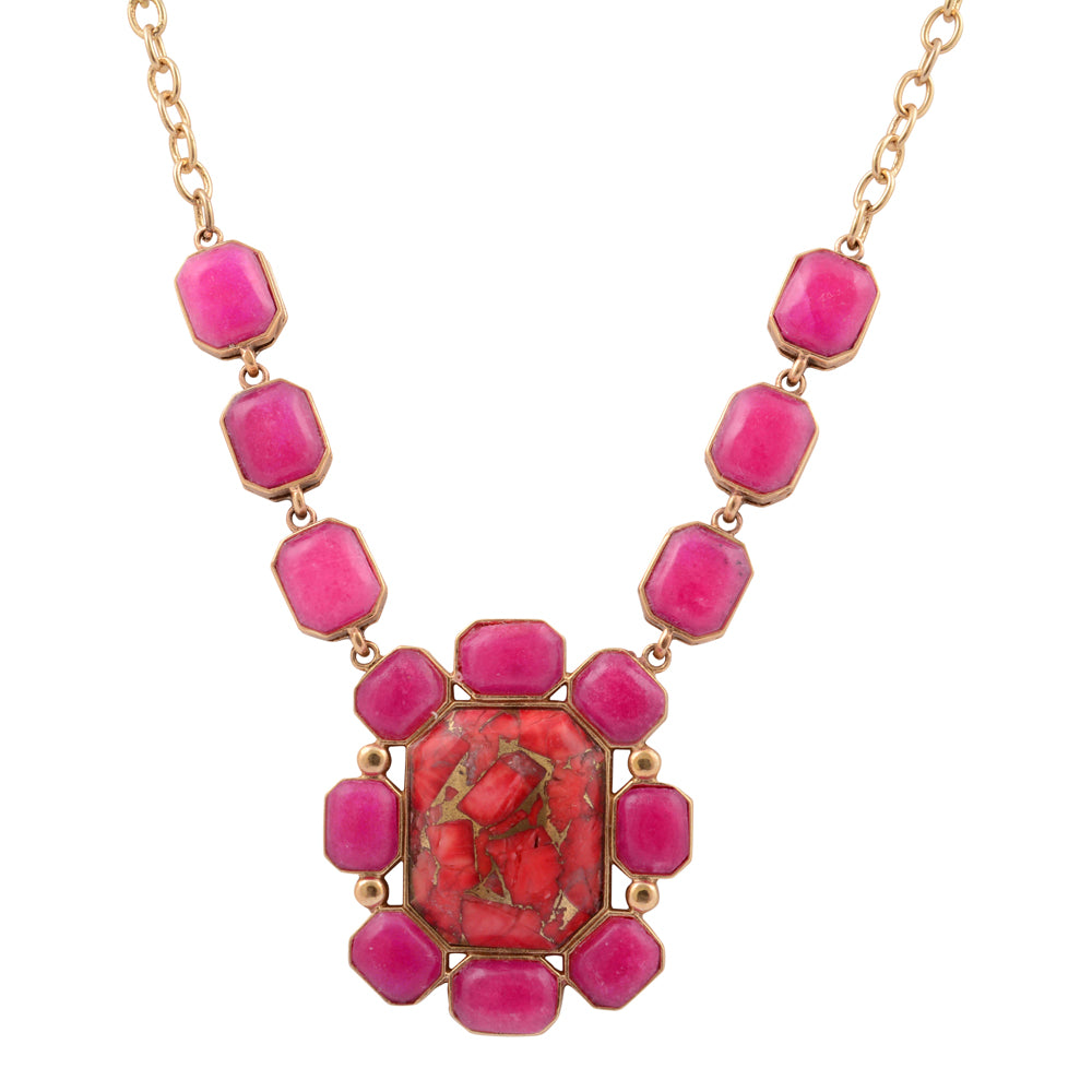Dual Red Magnesite and Pink Quartz Golden Statement Necklace