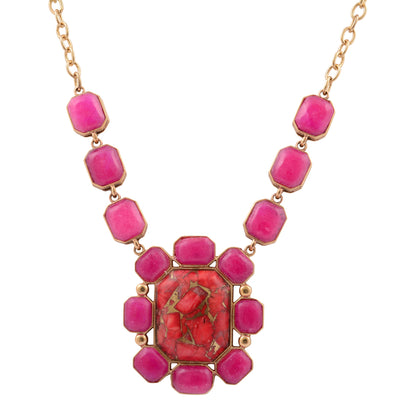 Dual Red Magnesite and Pink Quartz Golden Statement Necklace