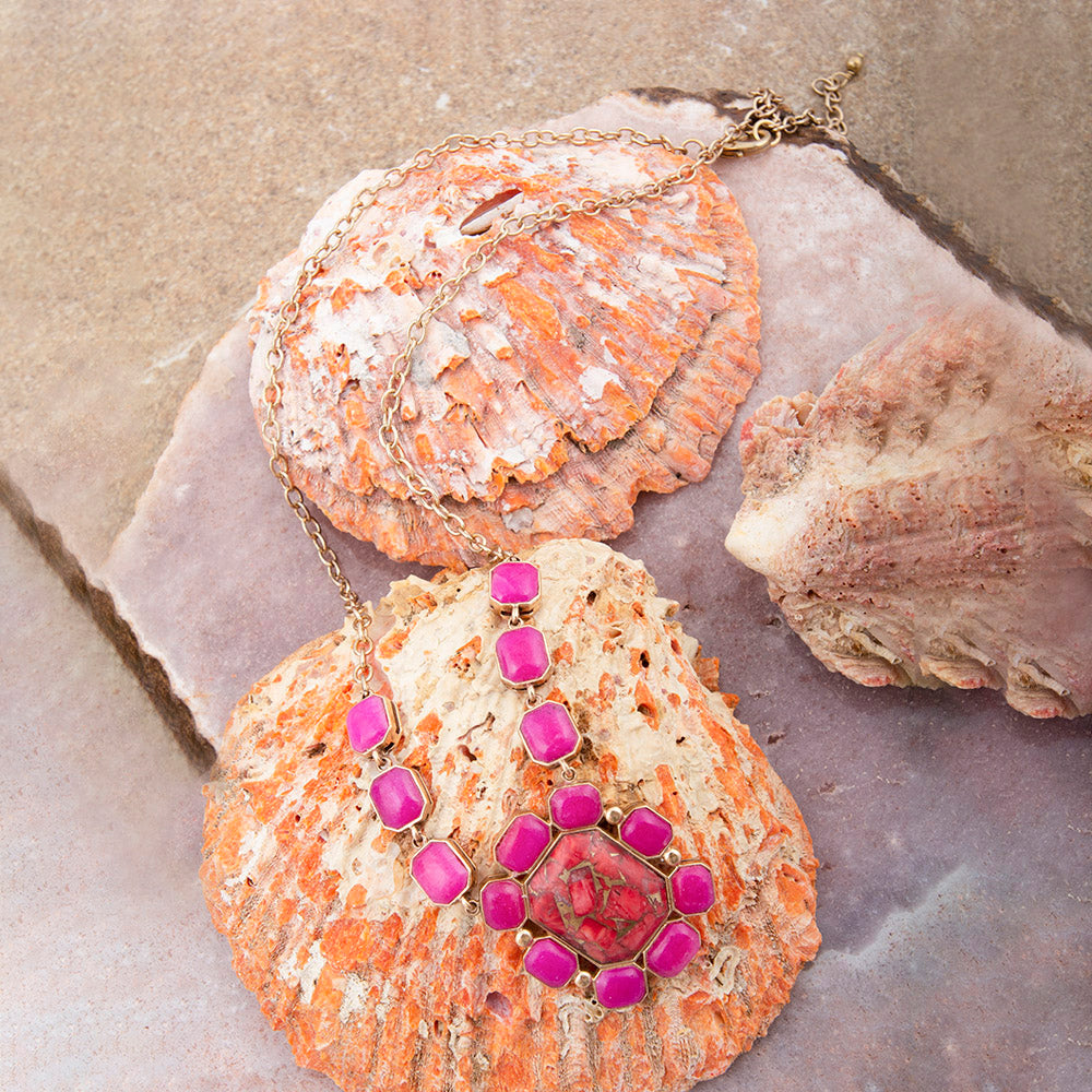 Dual Red Magnesite and Pink Quartz Golden Statement Necklace