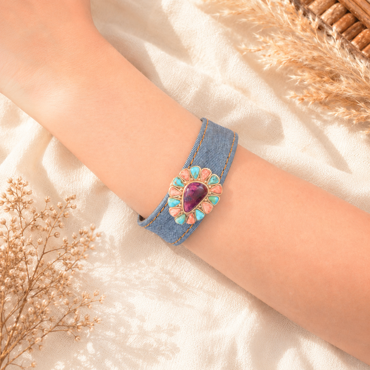 Painted Desert Blue and Purple Turquoise Golden Denim Cuff Bracelet