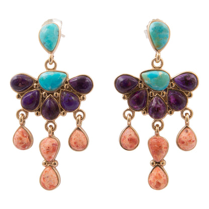 Painted Desert Blue and Purple Turquoise Post Golden Chandelier Earrings