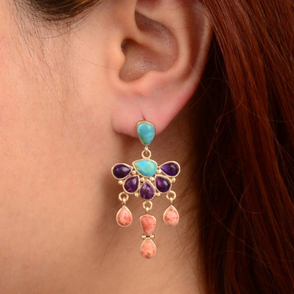 Painted Desert Blue and Purple Turquoise Post Golden Chandelier Earrings
