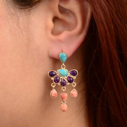 Painted Desert Blue and Purple Turquoise Post Golden Chandelier Earrings