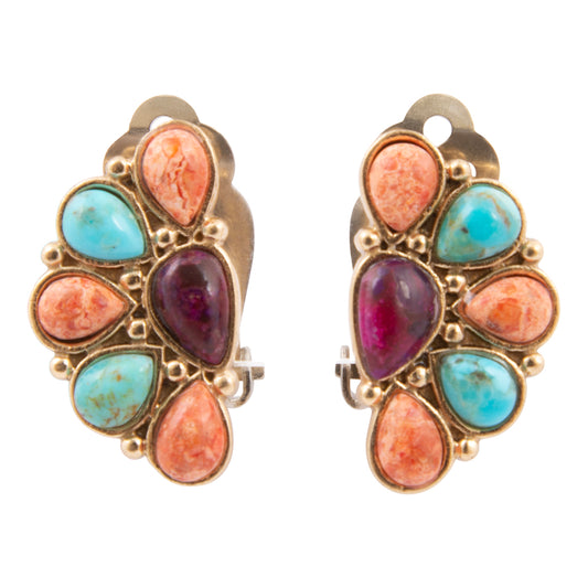 Pair of earrings with multicolored stones on a white background