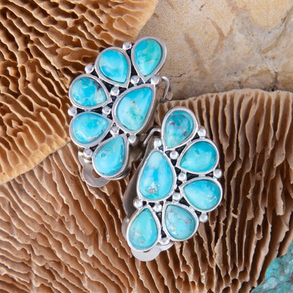 Turquoise teardrop earrings on a textured brown surface