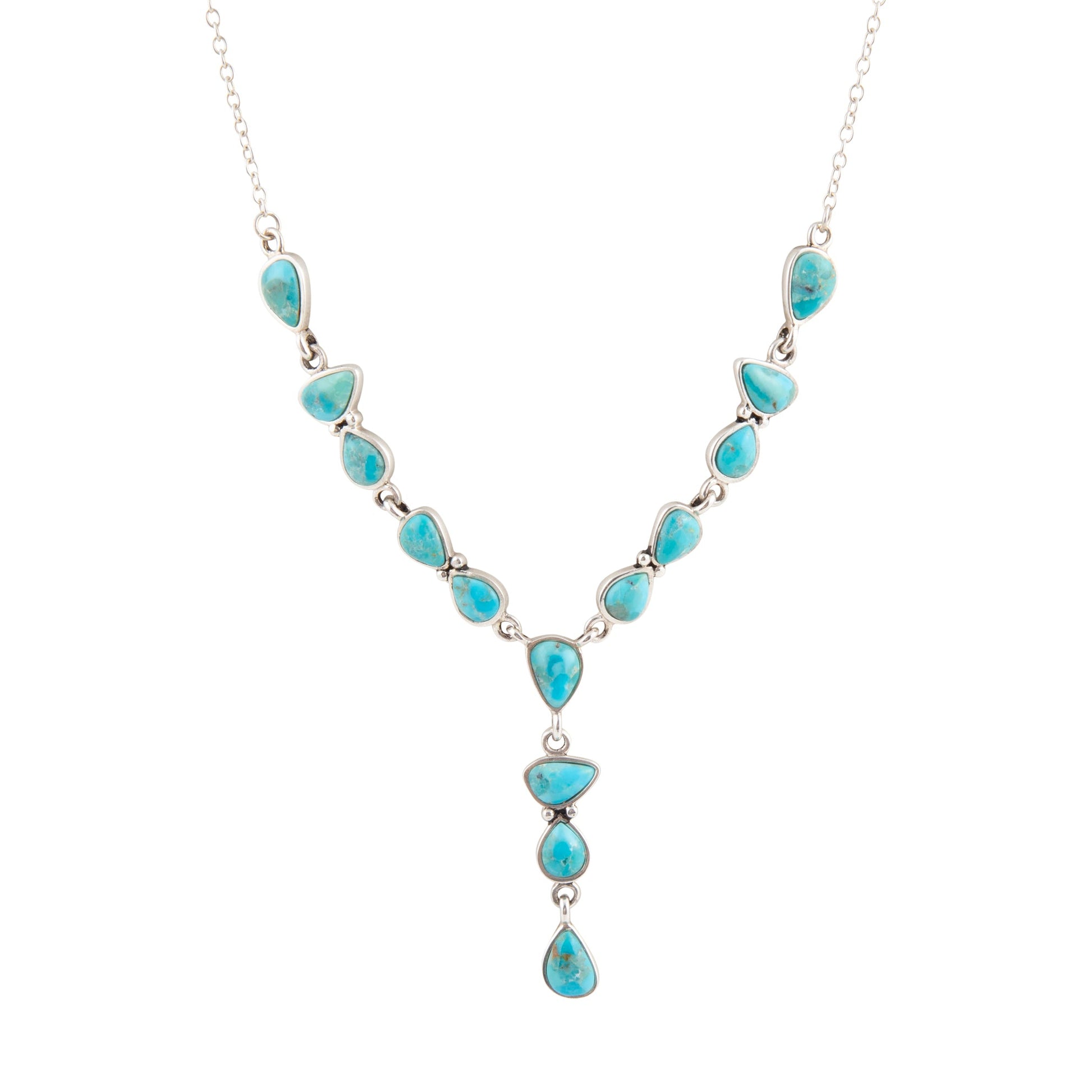 Turquoise necklace with silver chain on a white background