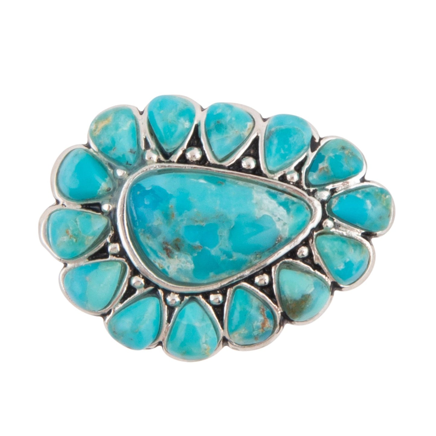 Turquoise stone ring with silver band on a white background