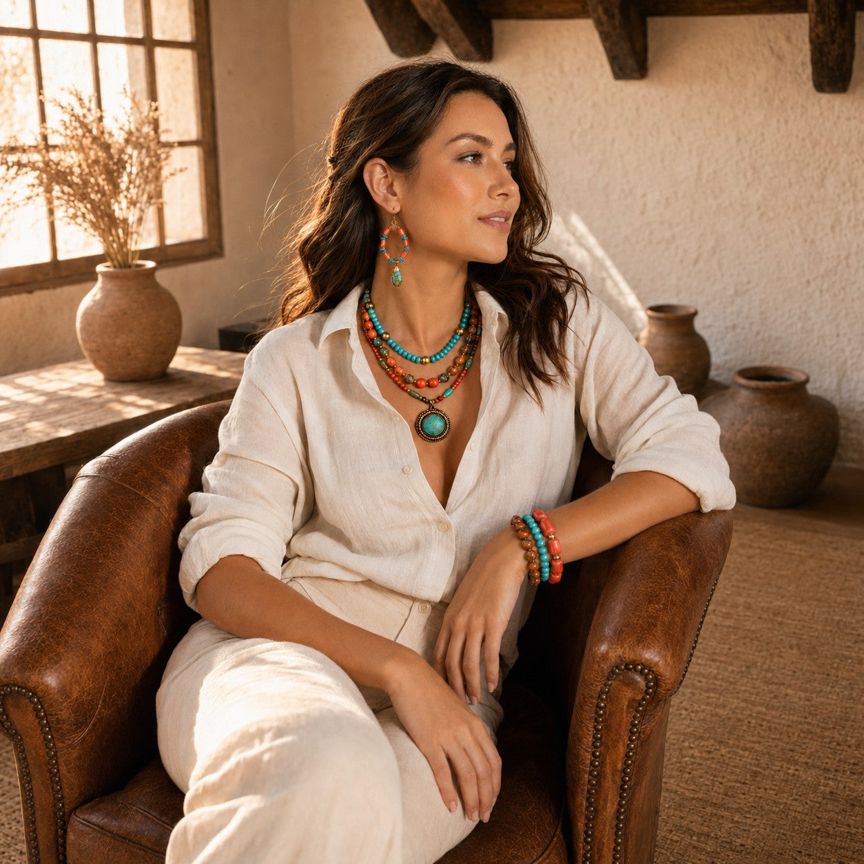 A woman sits in a brown leather armchair in a rustic room, wearing layered turquoise and coral beaded jewelry with a large turquoise pendant necklace and matching bracelets.