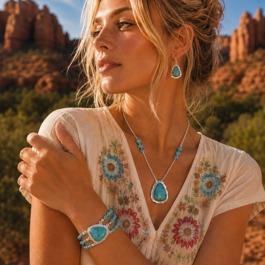 A woman outdoors in a desert landscape wearing a matching turquoise jewelry set, including a teardrop pendant necklace, drop earrings, and a bracelet, paired with a white floral embroidered top.