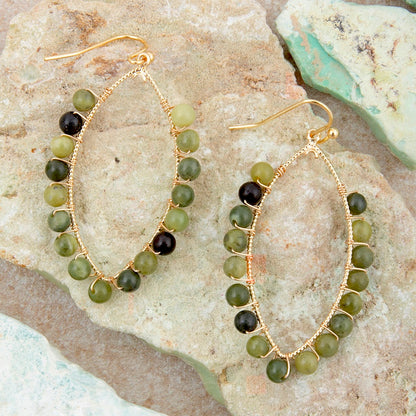 Green Jasper Teardrop Golden Hoop Earrings