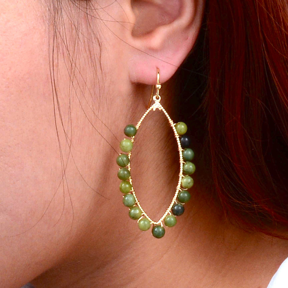 Green Jasper Teardrop Golden Hoop Earrings