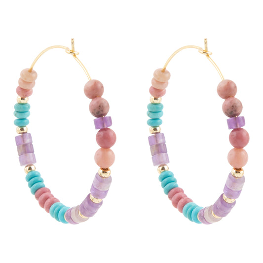 A pair of gold-tone hoop earrings decorated with pastel-colored beads in pink, purple, and turquoise, shown against a plain white background.