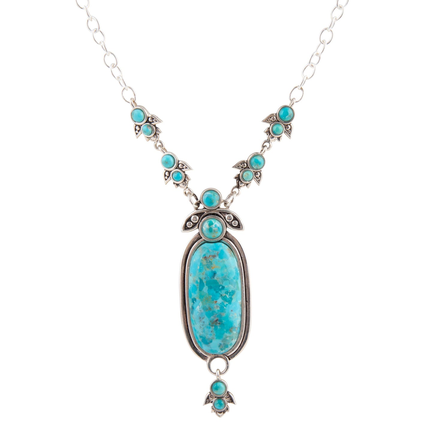 Turquoise necklace with silver chain on a white background