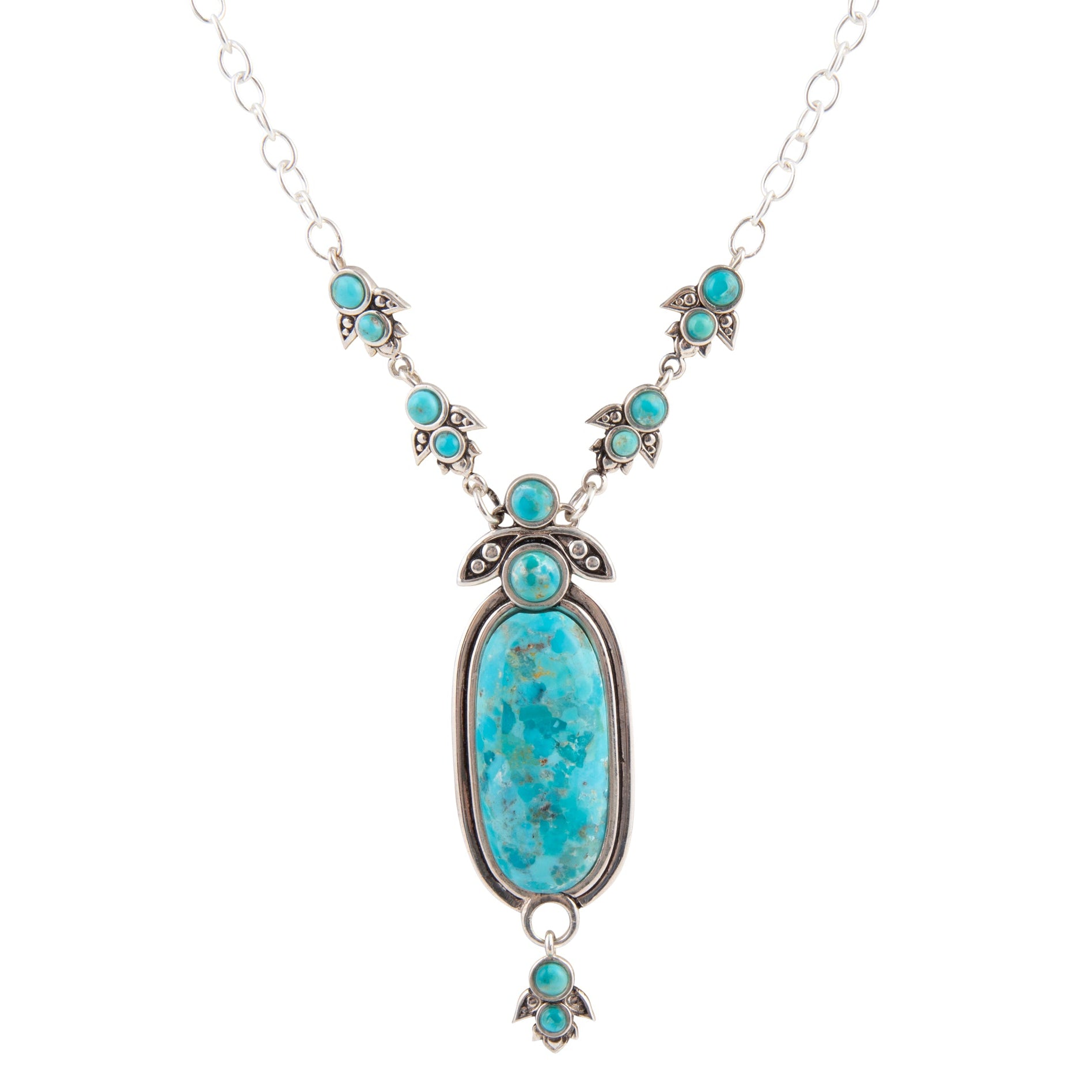 Turquoise necklace with silver chain on a white background