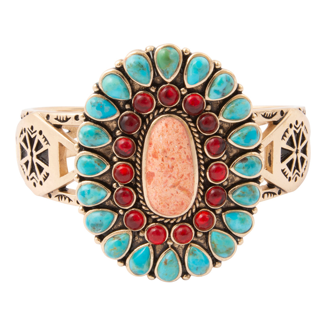 Adobe Blue Turquoise and Orange Coral Golden Statement Cuff Bracelet