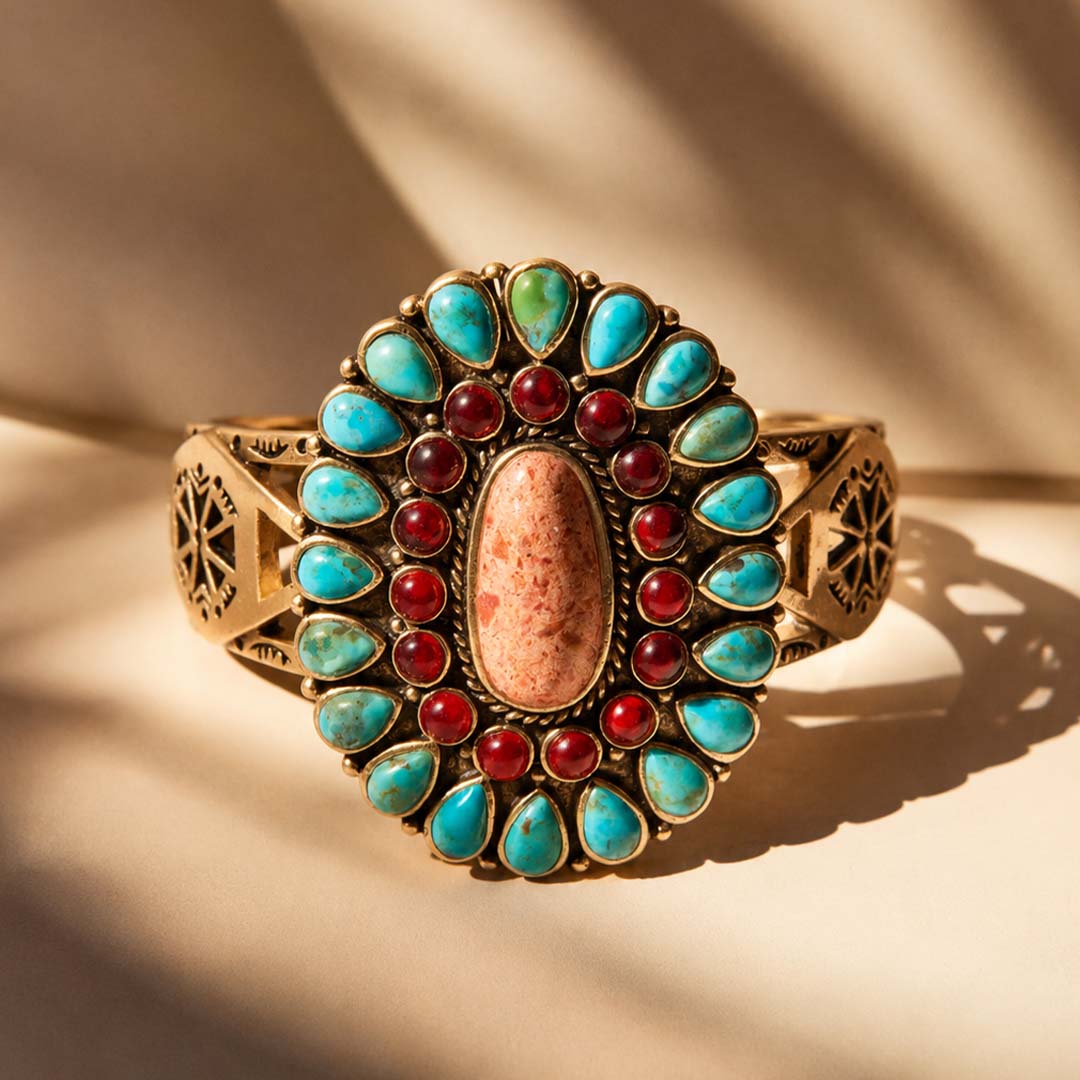Adobe Blue Turquoise and Orange Coral Golden Statement Cuff Bracelet