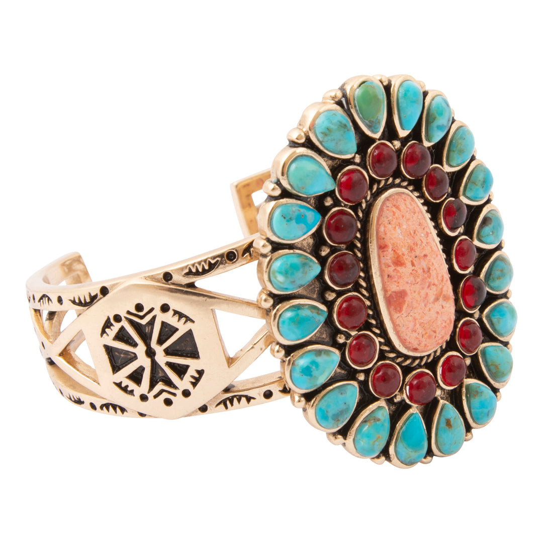 Adobe Blue Turquoise and Orange Coral Golden Statement Cuff Bracelet