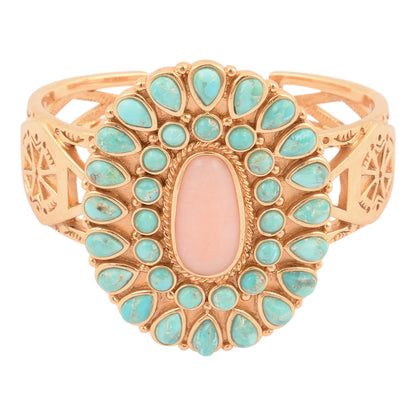 Rose gold bracelet with turquoise stones and a pink center stone on a white background