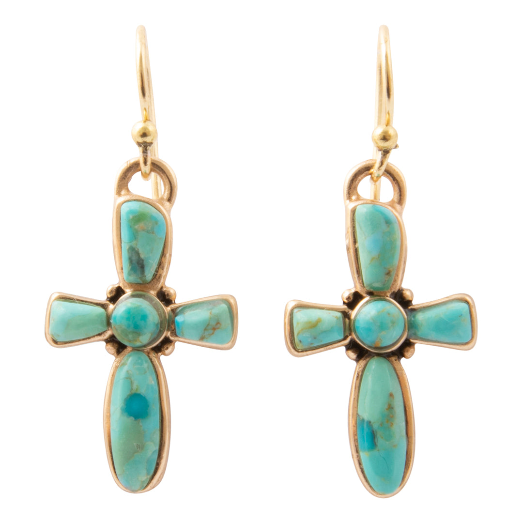 Full of Faith Blue Turquoise Cross Golden Drop Earrings