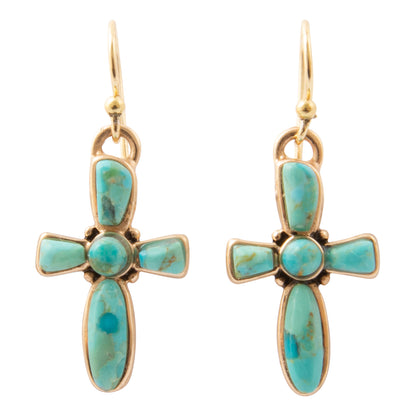 Full of Faith Blue Turquoise Cross Golden Drop Earrings