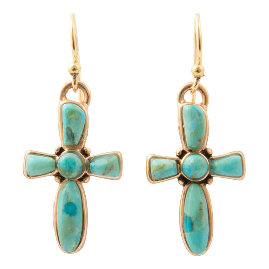 Full of Faith Blue Turquoise Cross Golden Drop Earrings